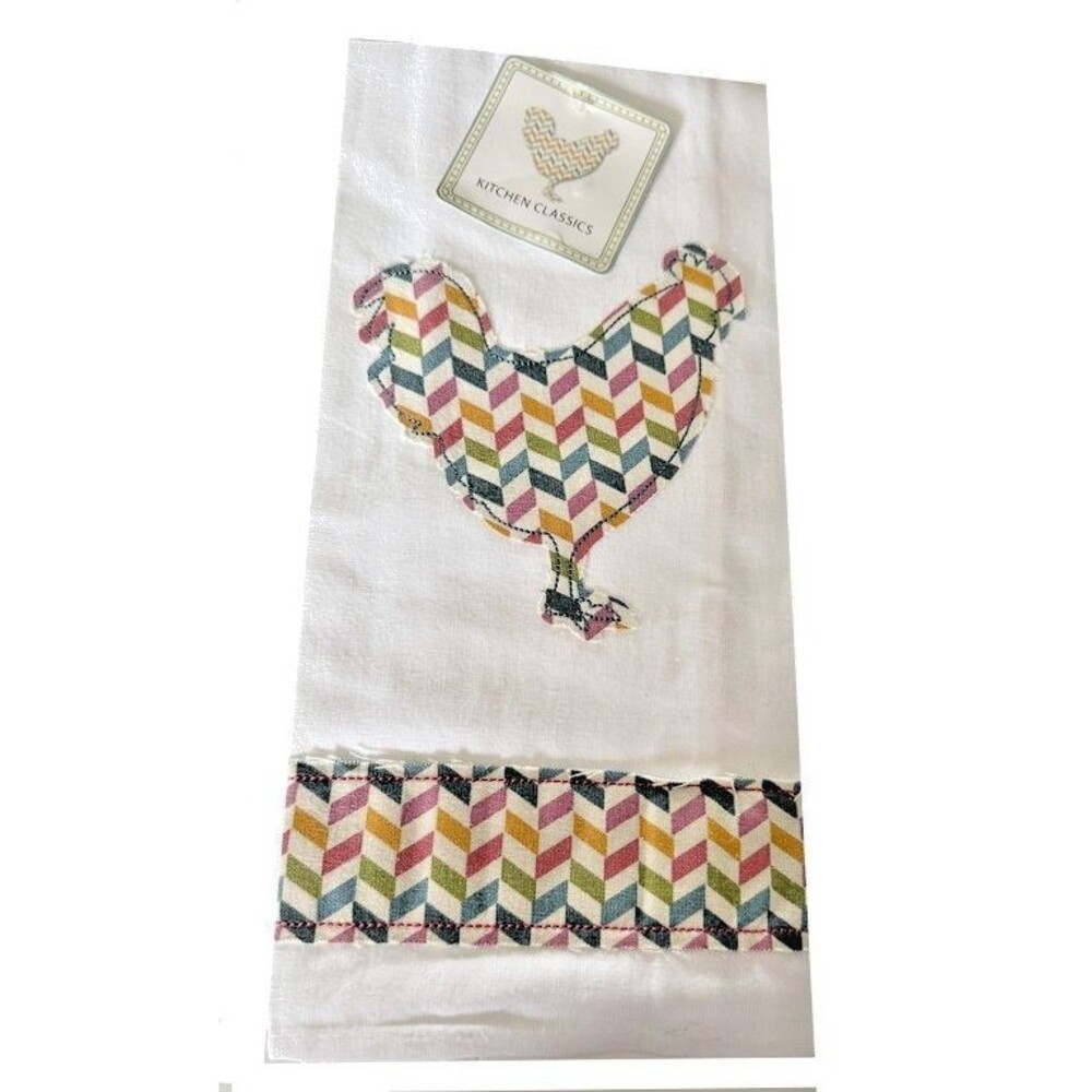 Kitchen Dish Towel White Chicken Rooster Flour Sack Applique Zig Zag Bardwil